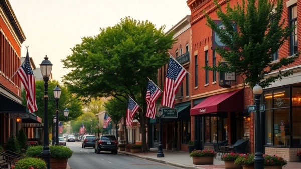 Charming small-town street showcasing local patriotism and civic engagement.