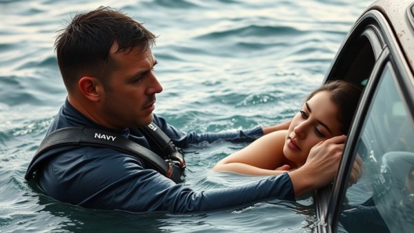 Navy rescue swimmer saves woman from sinking car in dramatic rescue.