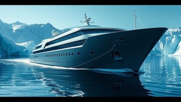Luxury Arctic Cruises: Futuristic ship amidst icy Arctic waters.