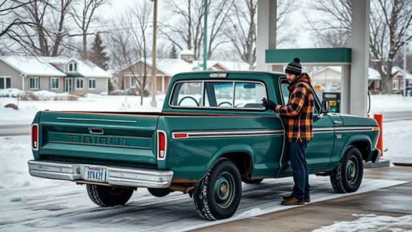 Snowy scene with man refueling damaged truck at gas station.