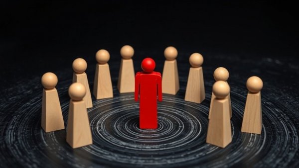 Red figure showing executive presence skills among wooden figures.