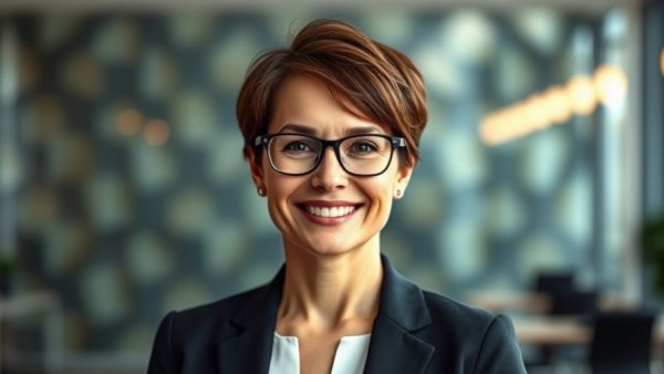 Professional woman smiling confidently in an office setting.