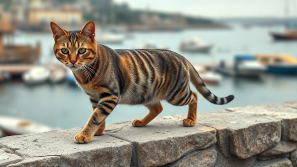 Tabby cat walking on a wall by a harbor with boats.