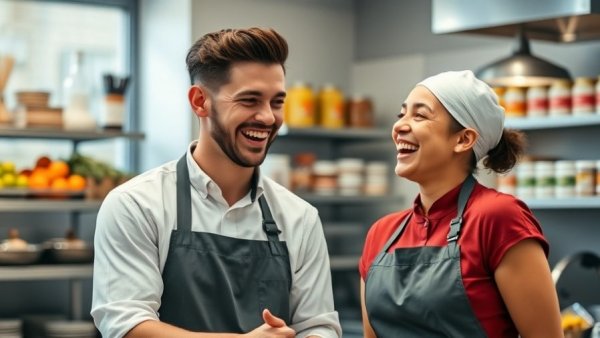 Restaurant employees joyous reaction, soft lighting, kitchen backdrop