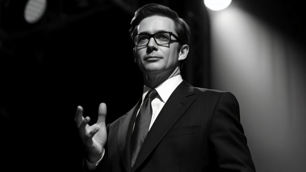 Vintage style monochrome image of a person confidently gesturing.