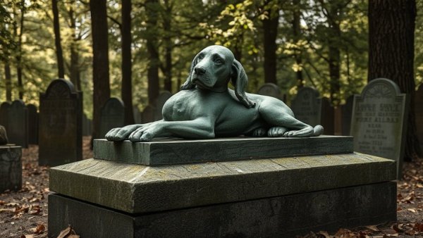 Stone dog statue on grave symbolizes loyalty of dogs in history.