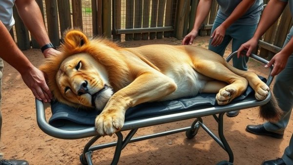 Rescued lion being prepared by helpers for journey to sanctuary.