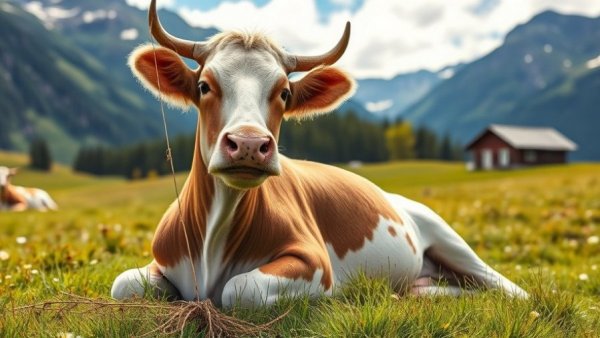 Tool-using cow holding a stick in a scenic meadow.