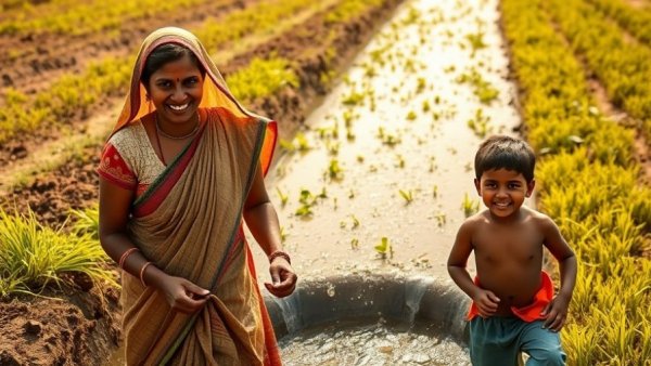 Indian woman and children fetching water from an irrigation canal, solar irrigation success story.