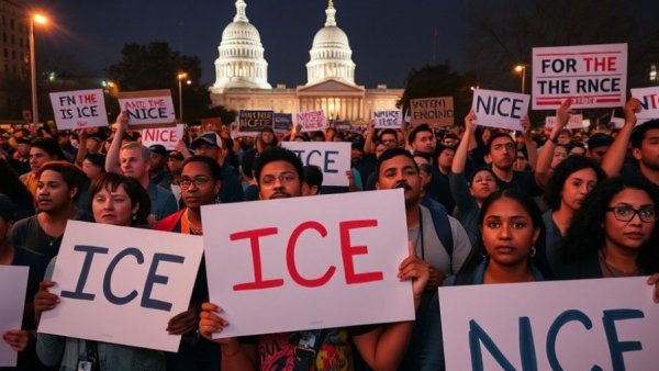 Protest against ICE at night with White House in background.