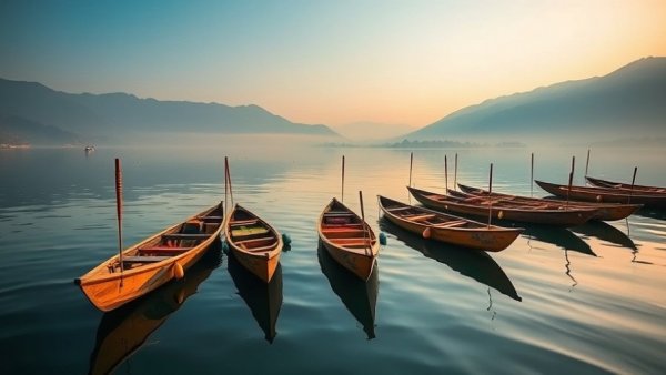 Colorful boats docked on a lake in Kashmir with mountain backdrop.