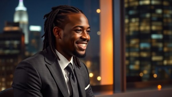 A$AP Rocky smiling during a TV interview with city skyline in the background.