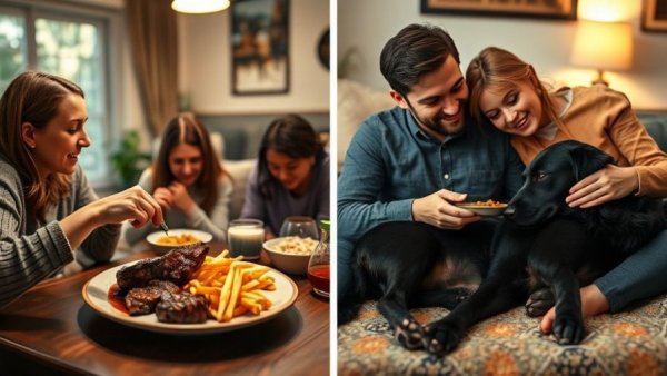 Heartwarming family scene showing compassion with a black dog indoors.