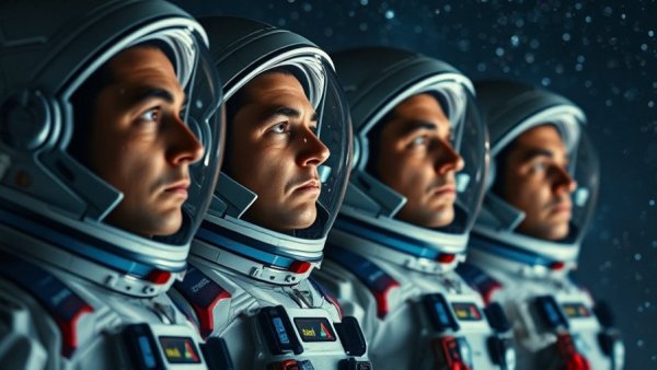 Artemis II astronauts in spacesuits with starry background.