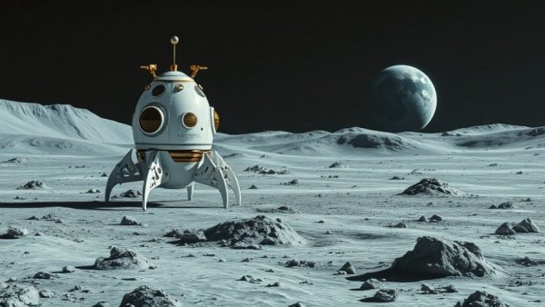 Futuristic lunar lander on moon's surface, Earth visible in space.