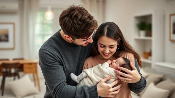 Young couple cradling baby in a cozy home, illustrating the importance of family values.