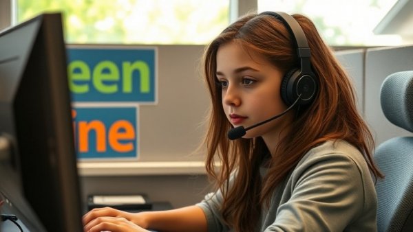 Teen run mental health hotline with teen using computer and headset.