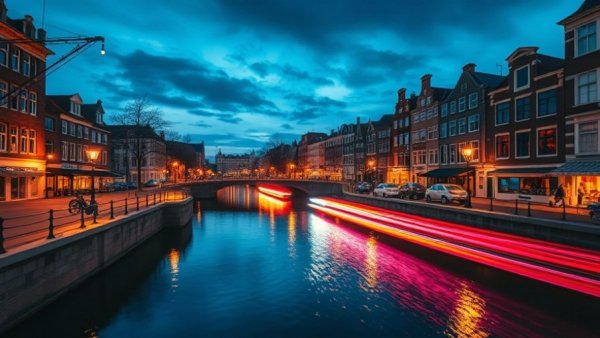 EU green energy milestone - vibrant evening canal with light trails.