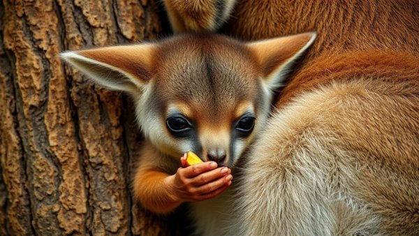 Baby tree kangaroo conservation: baby kangaroo eating in forest.