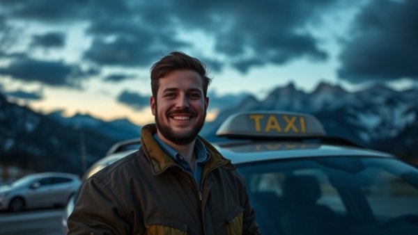 Smiling taxi driver at dusk with mountain backdrop, representing 24/7 taxi service for seniors.