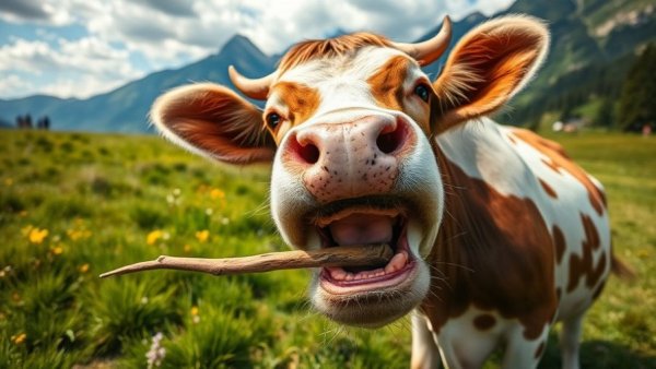 Cow using a multi-purpose tool in a scenic meadow