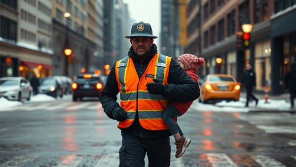 Crossing guard carrying child on snowy Chicago street.