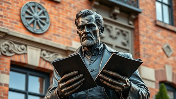 Bronze statue of a man with papers in front of a brick building, Positive Business News.