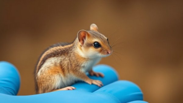 Shrew on a blue glove, related to brain regeneration research.