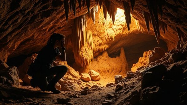 Person exploring a cave with stalactites, related to January 24 historical significance for entrepreneurs.
