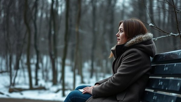 Woman in snowy landscape sitting solemnly on a bench, support a grieving widow.