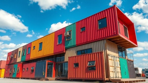 Sustainable architecture using colorful shipping containers under a blue sky.
