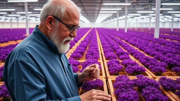 Indoor saffron farming success with a man inspecting flowers in a modern facility.
