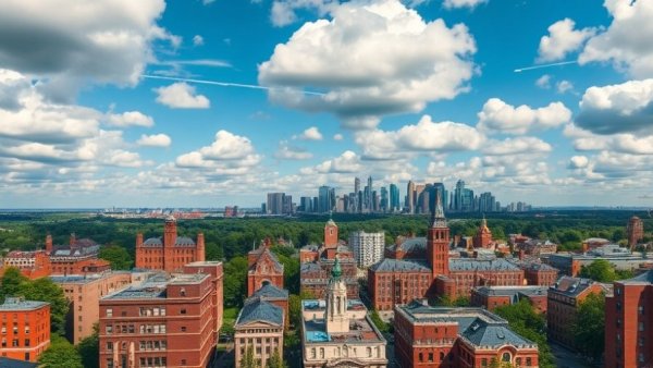 Urban skyline with red-brick buildings showcasing urban planning.