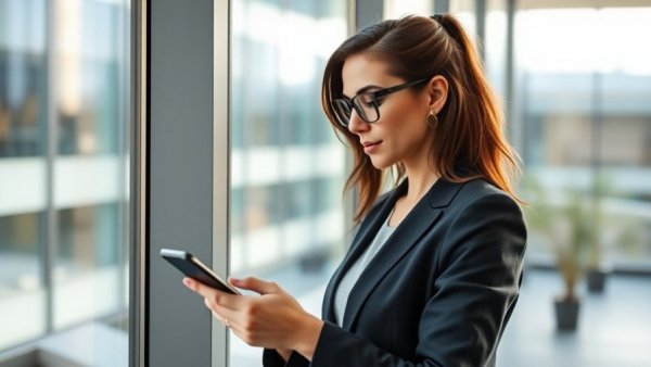Woman standing in office using phone, 30 Minutes Less Sitting Improves Metabolism.