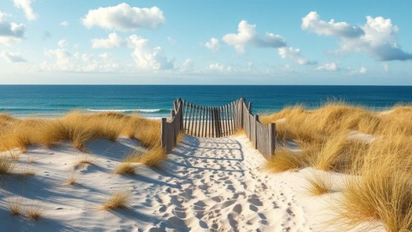 Serene beach path leading to ocean on a sunny day, Horseshoe Crab Revival