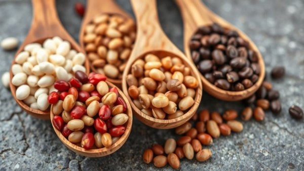 Various beans in wooden spoons on stone, emphasizing health benefits of eating beans.