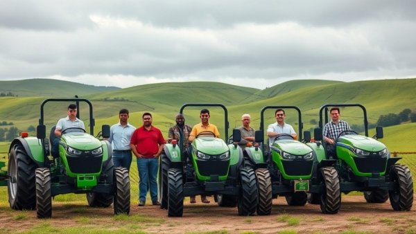 Group with electric tractors, showcasing modern farming innovation.