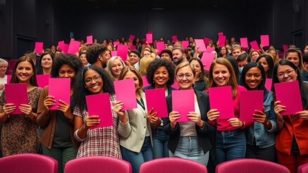 Diverse group in theater holding books, story of homelessness focus.
