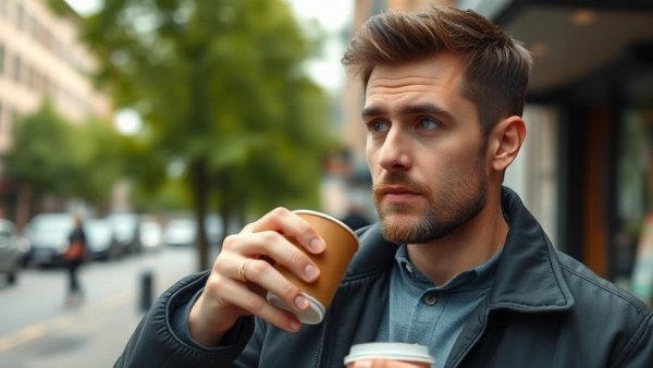 Casual man pondering when to stop drinking coffee for better sleep.