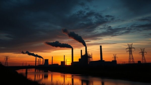 Coal power plant with smoke and sunset, clean energy surge concept.