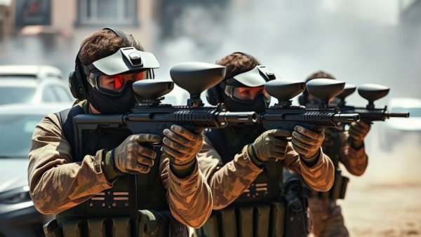 Tactical gear-clad individuals in urban area aiming paintball guns.