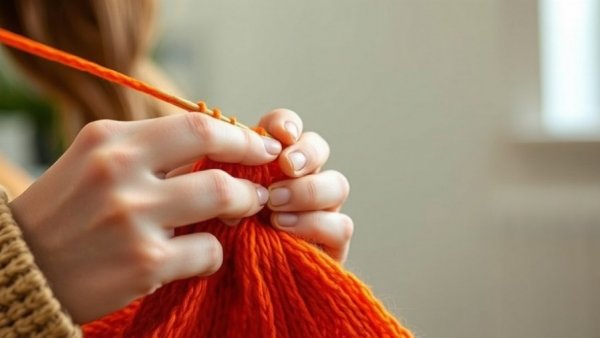 Close-up of hands knitting orange fabric, knitters protest ICE Minnesota.
