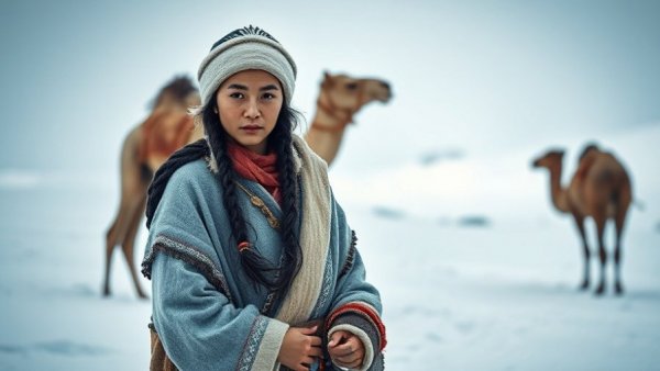 Confident woman in Mongolian attire with camel, positive news for entrepreneurs.