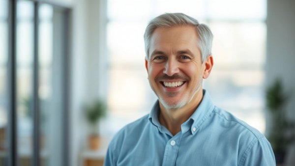 Smiling middle-aged man promoting daily habits to slow aging.