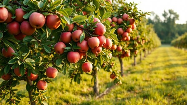 Community orchard with ripe apples, symbolizing donation.