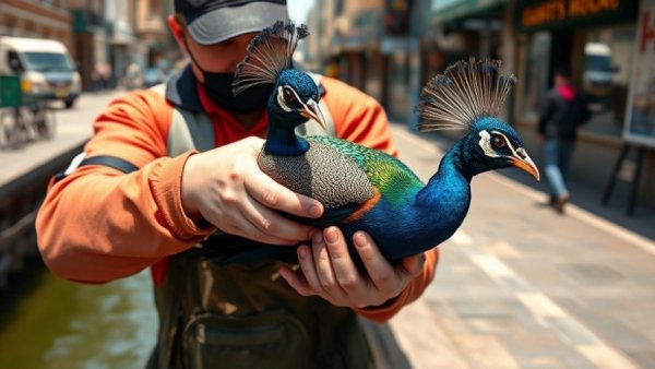 Urban wildlife rescue of a peacock in a canal setting.