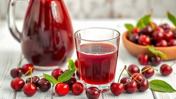 Glass of cherry juice with fresh cherries on a rustic table, science-backed foods for better sleep.