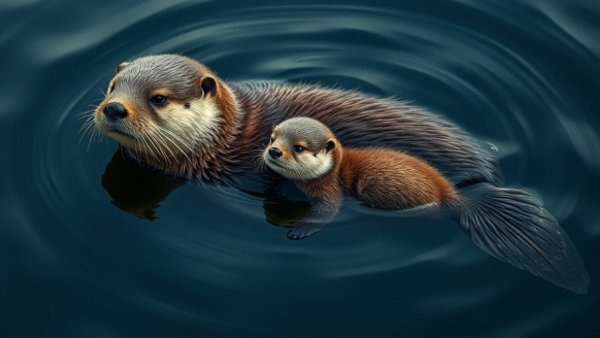 Sea otters peacefully floating, highlighting climate change impact.