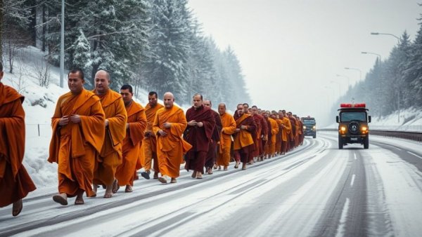 Buddhist monks walking for peace on a snowy highway with police escort.