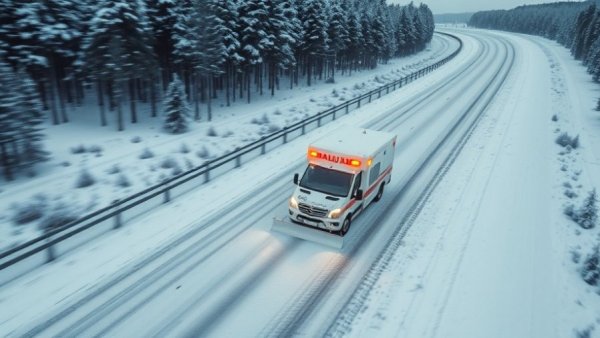 Snowplow escorting ambulance on snow-covered highway, winter scene.